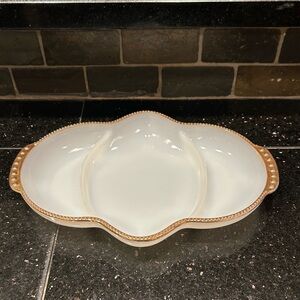 Vintage Fire-King Anchor Hocking Milk Glass Relish Dish w/ Gold beaded Trim